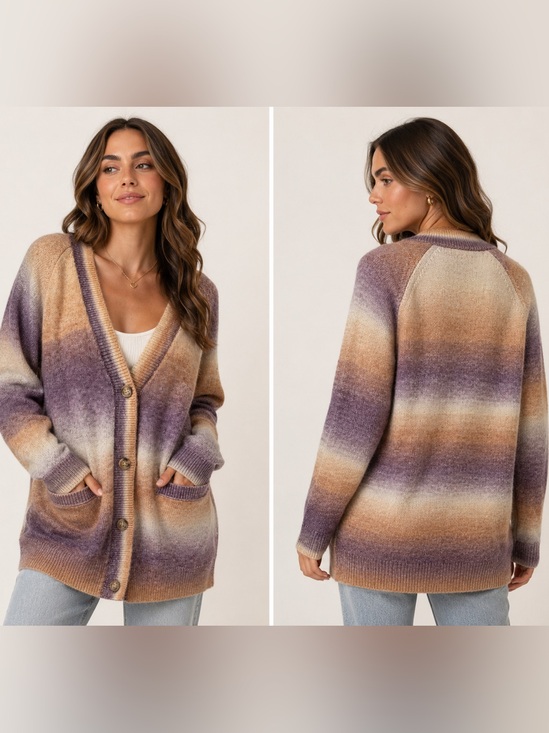 Sweaters - Weekend LA Ombre Cardigan S Dark Lilac Stripe Cozy Boho Grandpacore Sweater